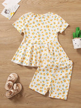 Vintaside Kids 2pcs/Set Young Girl Round Neck Short Sleeve Top And All-Over Print Shorts Set